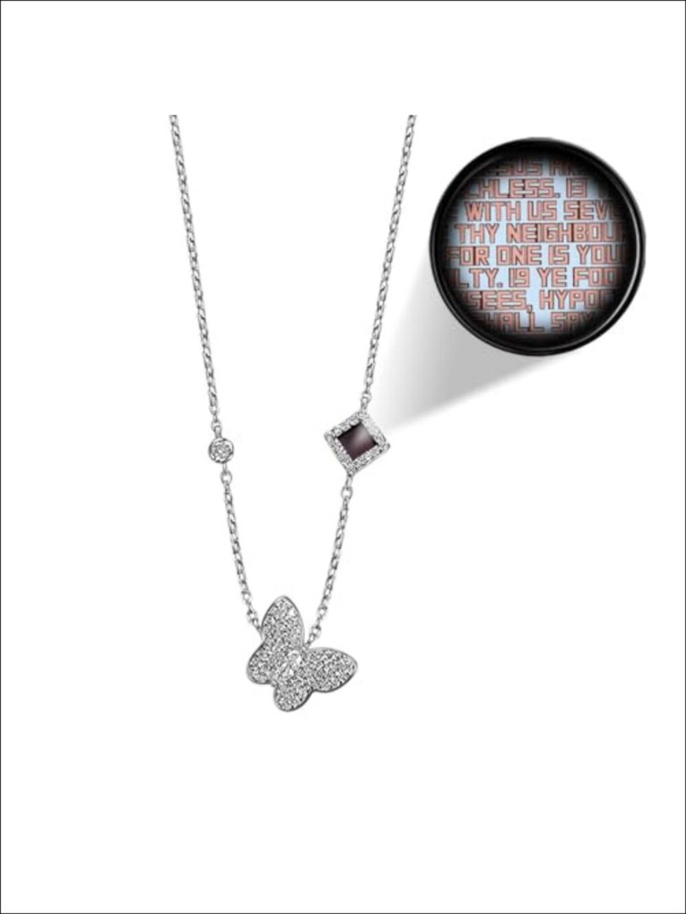Sterling Silver Pave Butterfly Pendant Necklace with Micro Engraved New
